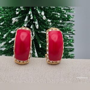 Gold-Tone Red Enamel Rectangle Earrings Rhinestone Accents Clip-On/Pierced